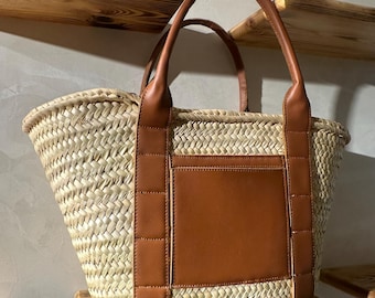 Moroccan Straw Tote Bag with Wide Brown Leather Straps – Handmade Summer Basket with Front Pocket