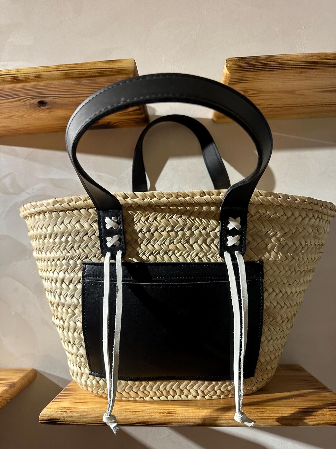 Straw Bag With Black Leather Handles Handmade Moroccan Basket Tote Boho ...