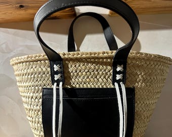 Straw bag with black leather handles handmade moroccan basket tote boho french market bag woven palm leaf bag with leather pocket