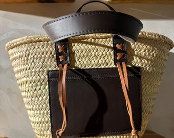 handmade straw tote bag with dark brown leather pocket and boho lace details moroccan basket summer beach bag
