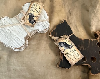 Primitive Hare Set wooden Scottie Dog & Bones Thread holders
