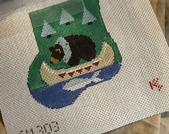 Brown Bear Canoe stocking with animal insert Painted Cavas 18 count by KS Designs
