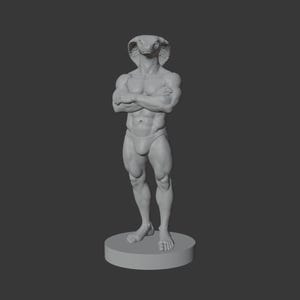 May include: A grey sculpture of a muscular humanoid cobra figure. The figure has a cobra head, crossed arms, and is wearing briefs. It stands on a circular base against a grey background. The statue is a detailed representation of a mythical creature.