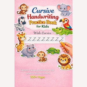 104 pagina's breed cursief handschriftwerkboek voor kinderen, hoofdletters en kleine letters, pdf van 6 x 9