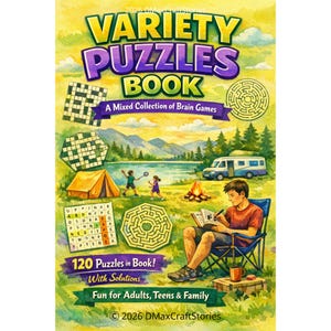 Könnte beinhalten: Ein farbenfrohes Buchcover mit dem Titel "Variety Puzzles Book" und dem Untertitel "A Mixed Collection of Brain Games". Das Cover zeigt Illustrationen von Rätseln, einem Campingplatz und einer Person, die ein Rätsel löst. Das Buch enthält 120 Rätsel mit Lösungen, geeignet für Erwachsene, Jugendliche und Familien.