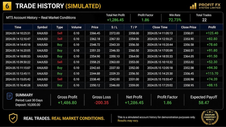 K&ouml;nnte beinhalten: Eine digitale Handelshistorie-Tabelle mit dem Titel Trade History (Simulated), die MT5-Kontodaten f&uuml;r XAUUSD anzeigt. Die Spalten umfassen Zeit, Symbol, Typ, Volumen, Preis, S/L, T/P, Schlusszeit, Schlusskurs und Gewinn. Der Nettogewinn betr&auml;gt 1.286,45.