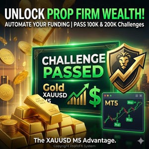 May include: An advertisement with the text "UNLOCK PROP FIRM WEALTH!" and "CHALLENGE PASSED." The image features gold bars, coins, a shield with a lion, and a chart with the text "MT5." The bottom text reads "The XAUUSD M5 Advantage."