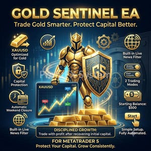 May include: A digital graphic for Gold Sentinel EA featuring a golden knight holding a shield with GS initials, a computer monitor displaying a XAUUSD chart with a rising yellow line, gold bars, and text including Trade Gold Smarter and MetaTrader 5.