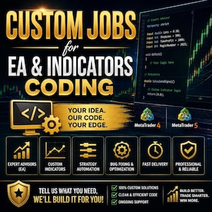 May include: A digital graphic promoting custom coding for EA and indicators, featuring gold text on a dark background. It displays MetaTrader 4 and 5 logos, code snippets, and icons for expert advisors, strategy automation, and bug fixing services.