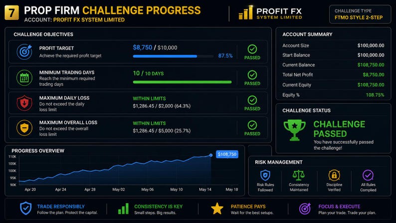 K&ouml;nnte beinhalten: Ein digitales Dashboard mit dem Titel Prop Firm Challenge Progress f&uuml;r Profit FX System Limited. Es zeigt die Herausforderungsziele, die Kontozusammenfassung und ein Fortschrittsdiagramm mit einem Kontostand von 108.750 $. Der Status zeigt Challenge Passed.