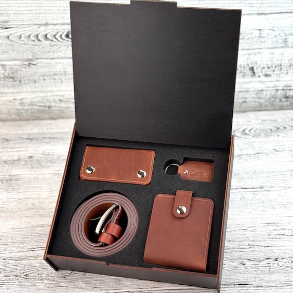 Estuche Regalo Para Hombre: Juego De Cuero (Billetera,Cinturón Ajustable Y Llavero) - Ideal Para Navidad, Aniversario O Padre