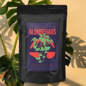May include: A black bag of Blondehaus Chunky Aroid Mix plant medium. The label features a red and green illustration of a plant on a dark blue background. Text on the label reads "Hand-Crafted Plant Medium" and "Blondehaus".
