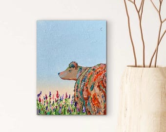 Along the Lupine | Original Bear Acrylic Painting on Canvas | Woodland Folk Art | Nature Wall Decor
