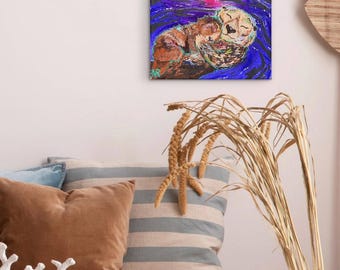 Las estrellas flotaron con nosotros / Pintura original de nutria / Acrílico sobre lienzo de 8x8 pulgadas / Bellas Artes de la Vida Silvestre / Listo para colgar