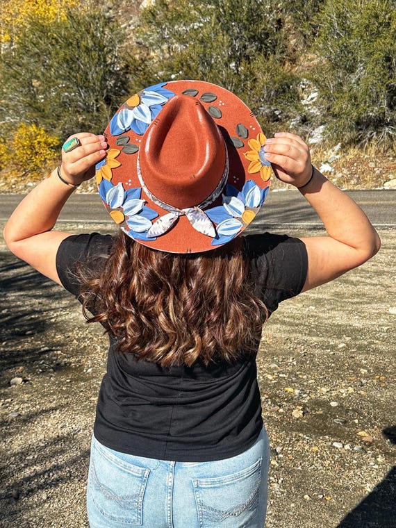 Upcycled Patchwork Hat One of One - Blue and Orange Floral Design Upcycled Patchwork Denim Bucket Hat – 90s Vintage Grunge Cap  main image 2