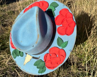 Hand-painted Floral Cowgirl Hat – Mint Suede Western  display picture 1