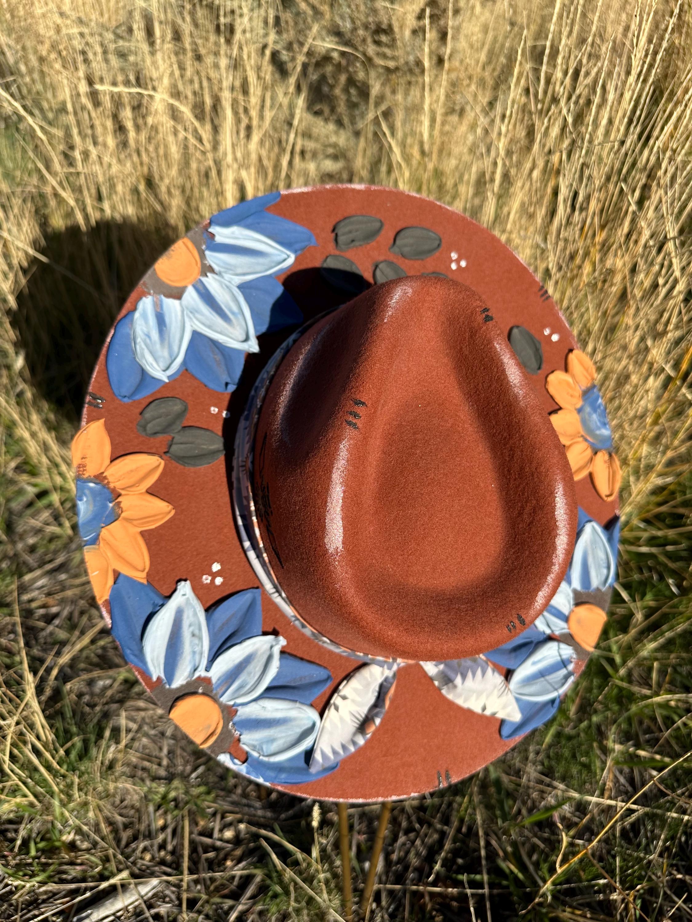 Hand Painted Floral Western Hat: Copper Blossom Boho Cowgirl  display picture 2