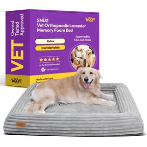 May include: A grey corduroy dog bed with a rectangular shape. A golden retriever is lying on the bed. A purple box in the background advertises a "Vet Orthopaedic Lavender Memory Foam Bed."