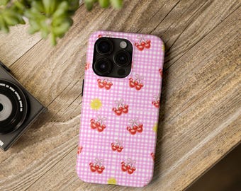 Kirsche Schleife Gingham robuste Handyhülle | Disney inspiriert | MagSafe Kompatibel | iPhone & Samsung | Rosa Kawaii | Park Bag Essential