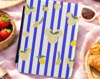 Lemon Squeeze Kindle Case | Minnie Citrus Stripe Paperwhite Cover, PU Leather, Magnetic Lid, Hand Strap | Kindle Paperwhite 7"