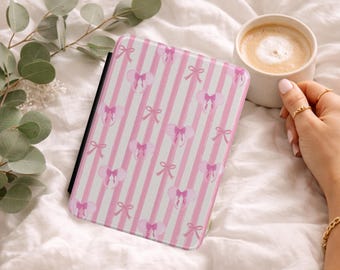 Coquette Bow Kindle Paperwhite Case | Pink Stripes, Minnie Ears, Magnetic Closure (12th Gen)