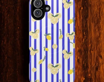 Lemon Squeeze iPhone Tough MagSafe Case | Amalfi Coast Vibes | Minnie Mouse Nod | Blue Stripe Citrus Case | Summer Aesthetic