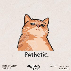Puede incluir: Una ilustración digital de un gato atigrado naranja con una expresión de juicio, con rayas oscuras y un pecho claro. Debajo del gato, la palabra Pathetic está escrita en una fuente sans-serif negra, simple y negrita sobre un fondo claro.