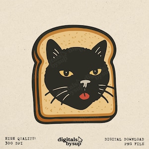 Puede incluir: Ilustración digital de la cara de un gato negro sobre una rebanada de pan tostado. El gato tiene ojos amarillos, bigotes blancos y una lengua roja. La tostada tiene una corteza marrón y un centro marrón claro. Texto "digitals bysup".