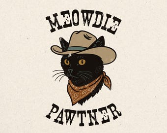 Meowdy Partner Cowboy Cat PNG: Retro T-Shirt Design (Digital Download