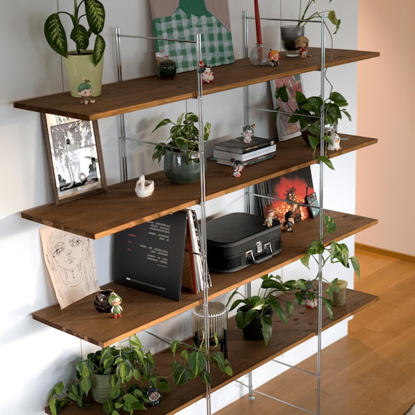 Wandregal Vintage – Mid Century Regal mit Holz und Metall – Offenes Wandregalsystem im String Stil