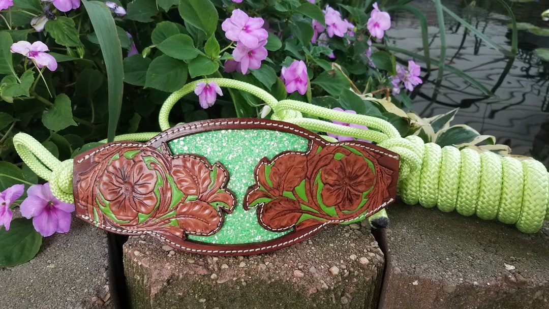 Tooled Leather Horse Halter With Attached Lead Etsy