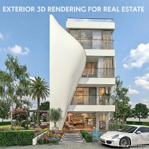 Puede incluir: Un edificio moderno de varios pisos con una fachada blanca única y balcones de cristal. La imagen muestra un jardín bien ajardinado con una fuente y un coche deportivo blanco. El texto en la parte superior dice "EXTERIOR 3D RENDERING FOR REAL ESTATE."
