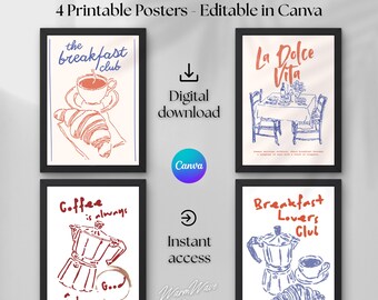 Buongiorno Italian Breakfast Print Set, Coffee & Croissant Kitchen Wall Art, La Dolce Vita Italy Cafe Poster, Editable Canva Template