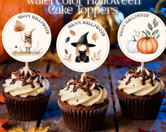 Watercolor Halloween Cake Toppers: Witch Party Decor (PNG PDF Canva Template)