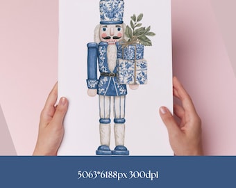 Chinoiserie Christmas Nutcracker Clipart | Blue Toile PNG Sublimation Design, Holiday Printable