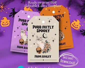 Editable Halloween Cat Gift Tags: Witch Party Favor Labels (PDF + Canva)