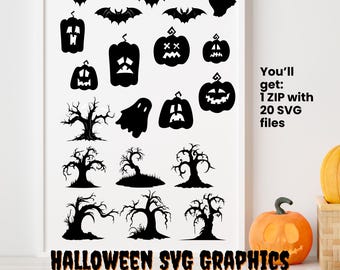 Halloween SVG Bundle | 20 Silhouette Graphics | Spooky Trees Pumpkins Bats Ghosts | Cricut Printable