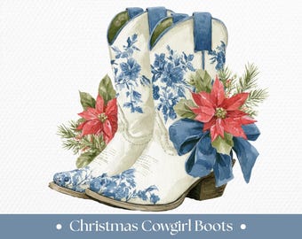 Christmas Cowgirl Boots Clipart – Chinoiserie Floral PNG | Instant Download