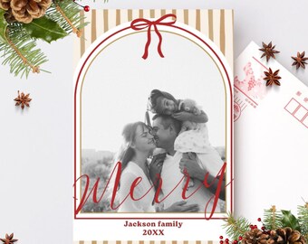Year in Review Photo Card – 12 Month Photo Template | Editable Canva Photo Collage, Red Bow Christmas Photo Card
