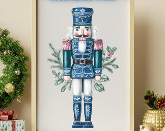 Chinoiserie Christmas Nutcracker PNG Clipart, Watercolor Nutcracker Illustration, Blue Holiday Christmas Graphic, Instant Download