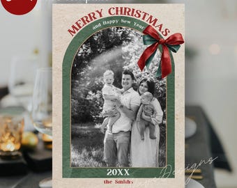 Vintage Black & White Year in Review Card – Photo Collage | Editable Canva Photo Collage, Red Bow Christmas Photo Ornament
