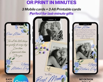 Editable Mother's Day Canva Template | 3 Mobile Animated WhatsApp Cards + 3 Printable A6 Cards | Customizable Photo Card | Instant Download