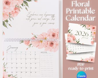 2026 Affirmation Calendar | Wellness Self Care Planner | Botanical Positive Quote Printable | Editable Canva Template