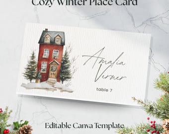 Christmas Place Cards Template Holiday Dinner Card Folded Place Card Canva Editable Winter Wedding Watercolor Printable Instant Download