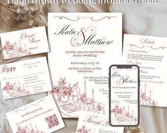 Burgundy Doodle Wedding Evite Invitation Canva Template Bundle, Hand Drawn Floral Wedding Suite, Printable RSVP Place Card Digital Invite