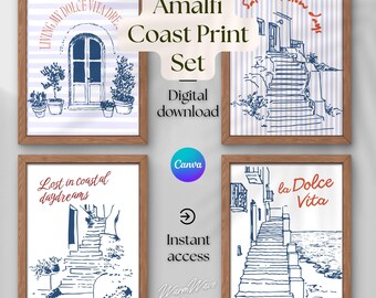 Amalfi Stairs Sketches Posters, Italian Coastal Wall Art, Amalfi Coast Prints Set, Minimal Line Art, Digital Download, Stairway Decor