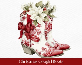 Christmas Cowgirl Boots PNG | Vintage Floral Cowboy Boot | Digital Print