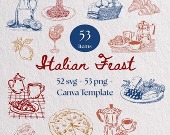 Italian Food & Drinks Clipart Bundle, 53 SVG + PNG, Pasta Pizza Wine Line Art, Restaurant Branding Icons