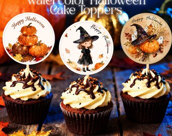 Watercolor Halloween Cake Toppers | Witch & Pumpkin Party Decor (Digital Download)