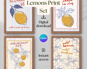 Amalfi Lemons Print Set, Italian Kitchen Wall Art, La Dolce Vita Citrus Posters, Editable Canva Template, Digital Download